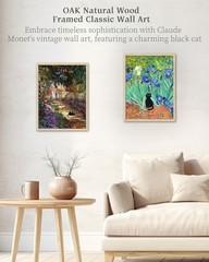 Natural OAK Wood Unique Framed Wall Art, 12x16in Claude Monet Garden Cat Funn…