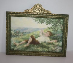Vintage Carved Wood Framed Barefoot Boy Daydreaming Picture Print 13.5X11.5