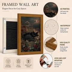 Black Cat Wall Art Decor, Vintage Gold Framed Sleeping Cat Canvas Print, Dark…