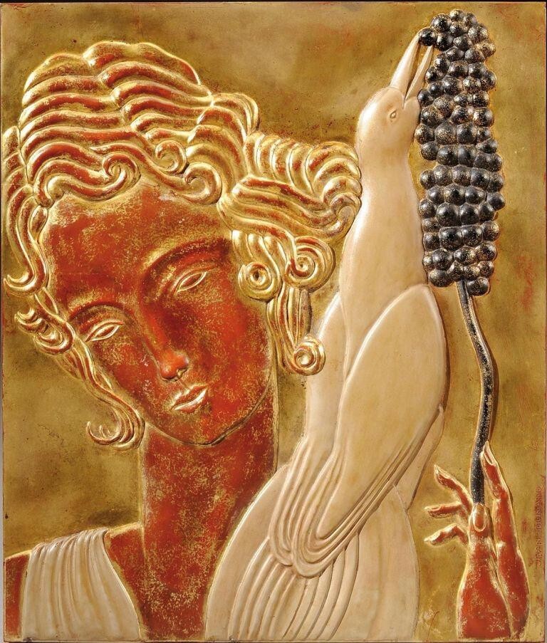Woman with Bird – Jean Dunand 1935 French Masterpiece Art Deco Bas-Relief Print