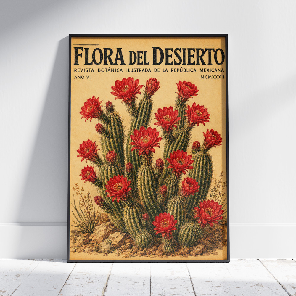 Vintage Desert Cactus Poster, Red Succulent Botanical Wall Art Decor Gift Prints