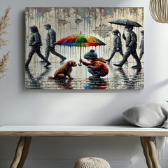 Child with Colorful Umbrella Protecting Dog in Rainy Urban Street Canvas Art