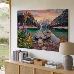 Lake Mountain Landscape Canvas Wall Art with Dock Boat and Colorful Flowers