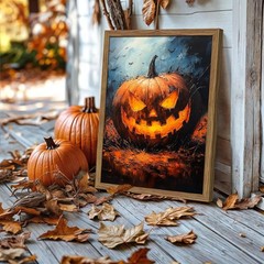 Vintage Halloween Wall Art 12×16 Inch Framed Pumpkin Picture for Living Room