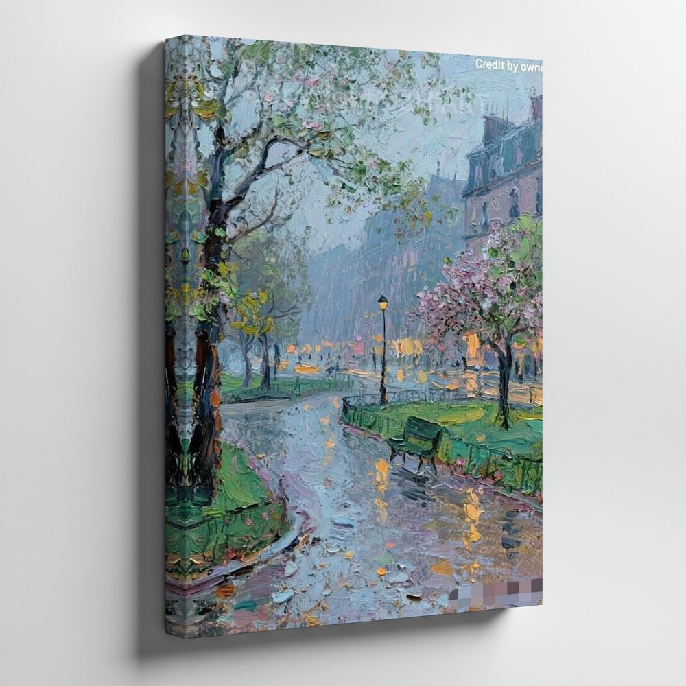 Impressionist City Park Canvas Art Rainy Day Urban Landscape Wall Decor Print