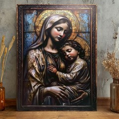 Virgin Mary and Child Framed Canvas Wall Art Catholic Madonna Christian Decor