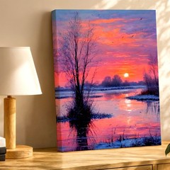 Botanical Canvas Winter Sunset Landscape Pink Sky River Minimalist Office Decor