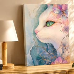 Rustic Canvas White Cat Portrait Floral Fantasy Pastel Blue Gallery Office Print