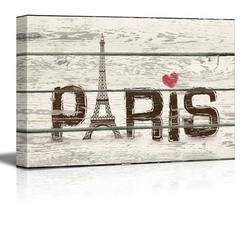 Paris WoodCut Print with Pink Hear Artworkt- Rustic Canvas Wall Art-12×18 inches