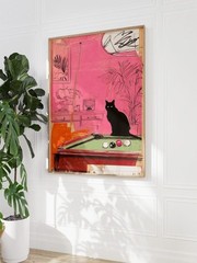 Retro Pink Cat Billiards Wall Art 24×36 Unframed Poster Family Gift