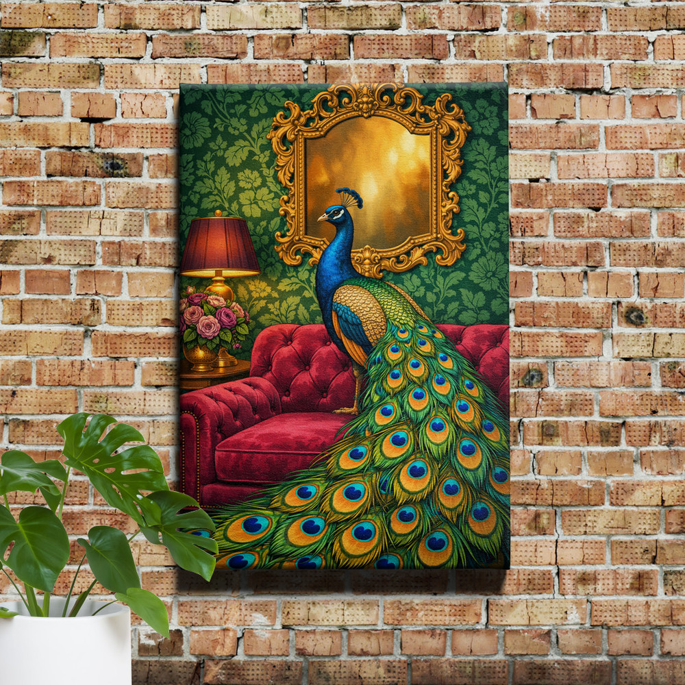 Peacock Interior Wall Art Magenta Velvet Sofa