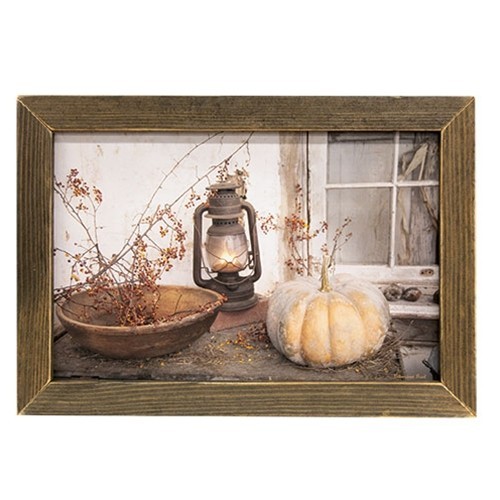 NEW PRIMITIVE PRINT AUTUMN PUMPKIN LANTERN BOWL Framed 13.5″T x 19.5″W FALL