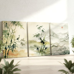 3 Pieces Serene Bamboo Mountain Landscape Soft Tones Large Wall Art Set Of 3