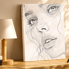 Gallery Canvas Woman Face Sketch Black White Portrait Rustic Office Home Print