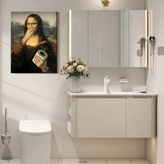 Framed Funny Mona Lisa Bathroom Canvas Wall Art Ready to Hang Decor