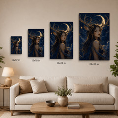 Celestial Deer Girl Canvas Wall Art Moon Goddess Fantasy Portrait Navy Gold Wall