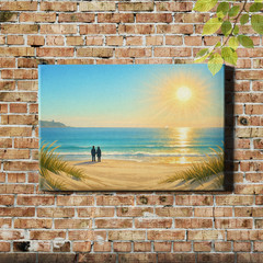 Sunrise beach landscape Canvas Art two people silhouettes over golden ocean