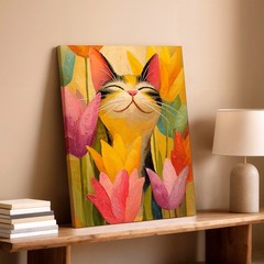 Wall Art Smiling Cat Among Tulips Canvas Print Colorful Floral Animal Decor