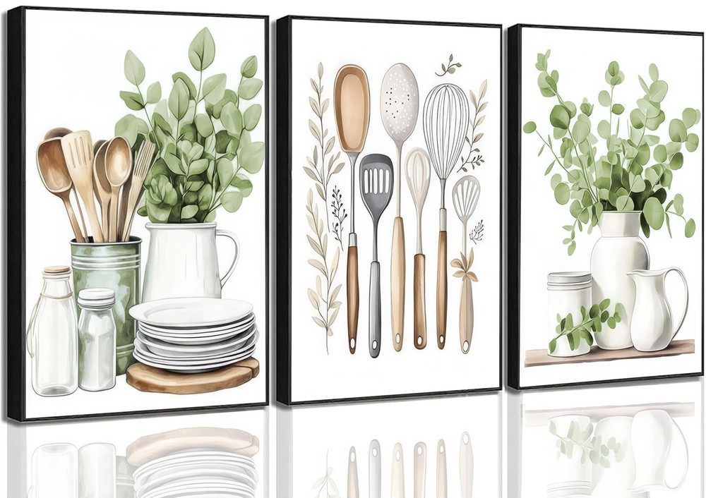 3 Pcs Sage Green Farmhouse Kitchen Canvas Wall Art 16″L x 12″W, Poster