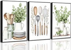 3 Pcs Sage Green Farmhouse Kitchen Canvas Wall Art 16″L x 12″W, Poster