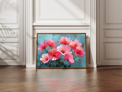 Bold Pink Floral Painting on Dark Teal Canvas, Dramatic Wildflower Botanical Art