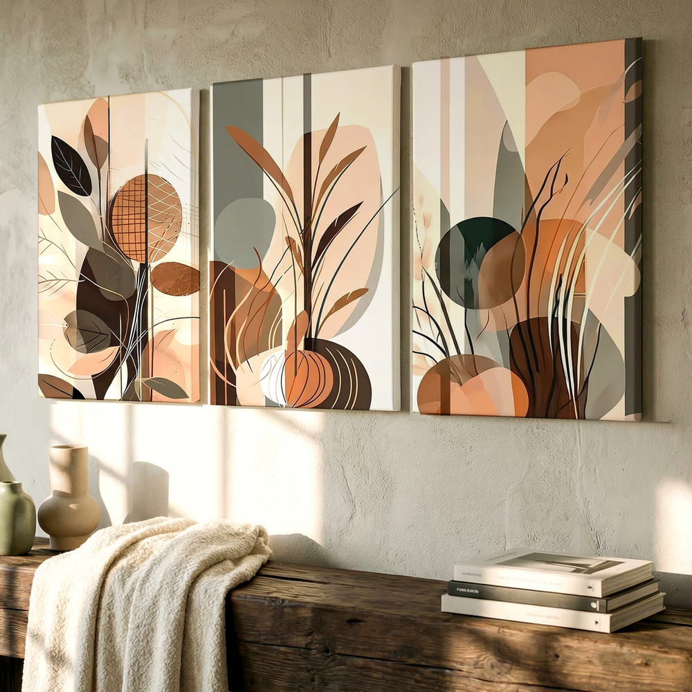 3 Pieces Abstract Botanical Earth Tones Large Wall Art Set for Living Set Of 3