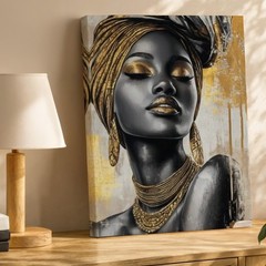 Elegant African Woman Wall Art Canvas Gold Accents Black Gray Modern Decor Print