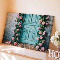 Weathered Turquoise Door Stands Prominently Against A Backdrop Of A Wall Art