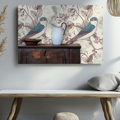 Blue and White Bird Floral Canvas Wall Art Print for Vintage Nature Home Decor