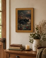 Black Cat Wall Art Decor, Vintage Gold Framed Sleeping Cat Canvas Print, Dark…