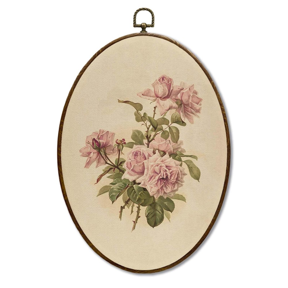 Pink Rose Floral Oval Wall Art Decor, Cottagecore Flower Canvas Prints Artwor…