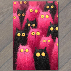 Art Print Black Pink Cats Furry Group Yellow Eyes Whimsical Cute