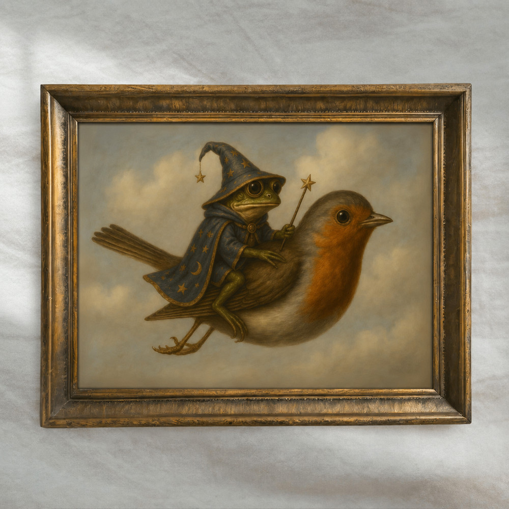 Frog Wizard Riding Bird Poster Cute Cottagecore Wall Art Whimsical Nursery Decor