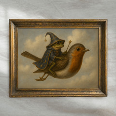 Frog Wizard Riding Bird Poster Cute Cottagecore Wall Art Whimsical Nursery Decor