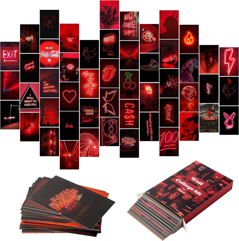 50PCS Red Neon Aesthetic Pictures Wall Collage Kit, Neon Red Photos Collections