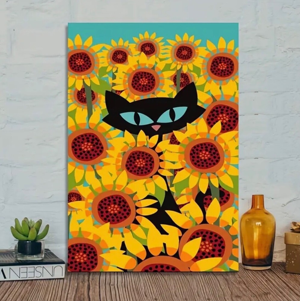 ATOMIC CAT Canvas Wall Art Mid-Century Modern Framed 12 x 18
