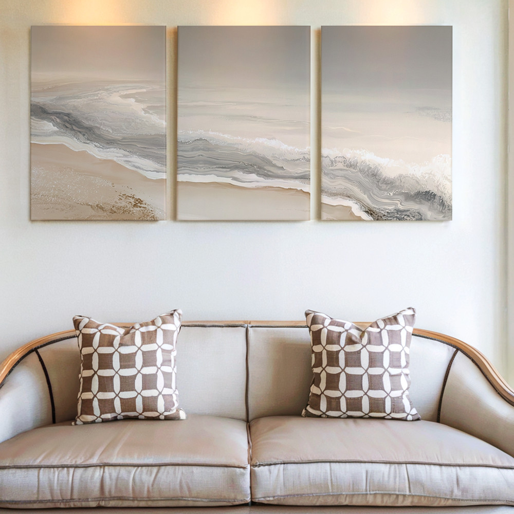 3 Pieces Abstract Coastal Waves Beige Large Wall Art Set for Living Set Of 3