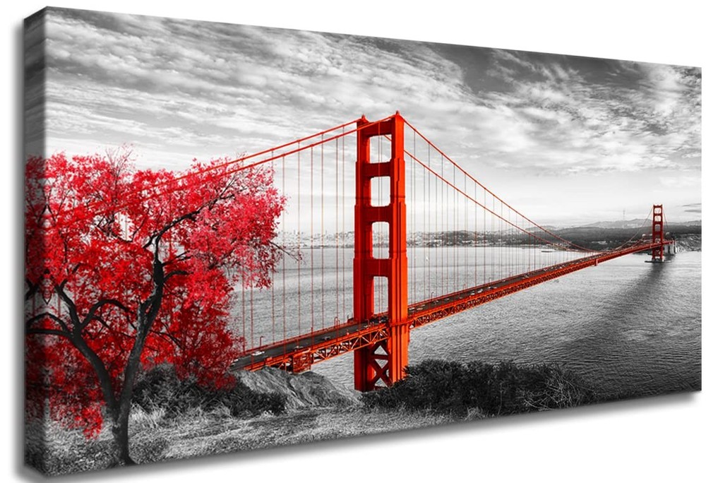 Black and White Red Wall Art San Francisco California Golden Gate Bridge Canv…