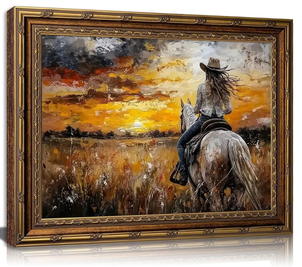 Vintage Gold Framed Canvas Western Cowgirl Wall Art -Rustic Farmhouse Decor F…
