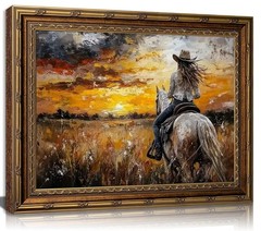 Vintage Gold Framed Canvas Western Cowgirl Wall Art -Rustic Farmhouse Decor F…