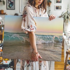 Sunrise Ocean Wave Crashing on Sandy Beach Canvas Wall Art Print Decor