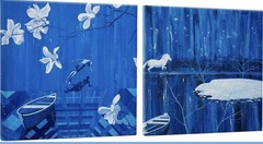16X16” Night Ocean &Moonlight Wall Art Decor Set of 2 Framed Canvas Cool Blue