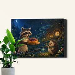 Whimsical raccoon and hedgehog baking in forest Art Print