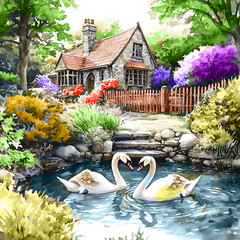 English Cottage Swans & Flower Art Water Pond Gallery Canvas Print Painting