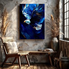 Wall Art Bald Eagle in Flight Canvas Print Blue Abstract Bird Painting Decor
