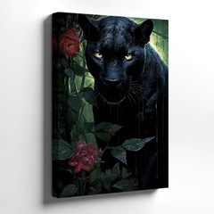 Wall Art Black Panther Rainy Jungle Roses Canvas Print Dark Animal Poster Print