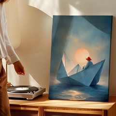 Wall Art Origami Paper Boat Sunset Ocean Surreal Figure Minimalist Print Decor