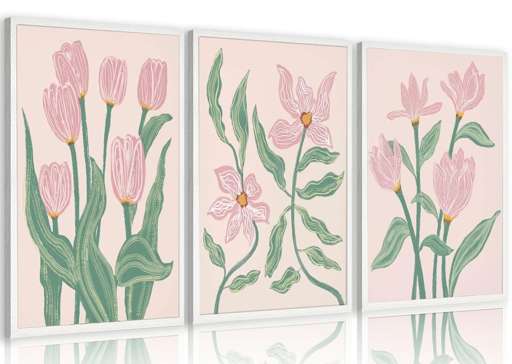 Pink Tulip Florals Canvas Wall Art Set Of 3,Boho Pink and Green Wall Decor Pi…