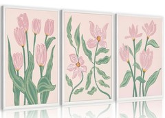 Pink Tulip Florals Canvas Wall Art Set Of 3,Boho Pink and Green Wall Decor Pi…