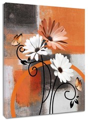 Farmhouse Orange Floral Wall Art for Bathroom Grey and White Geometric Canvas…
